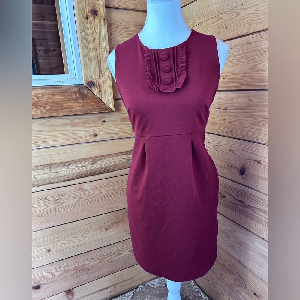 Banana Republic Burgundy Sheath Dress Ruffle‎ Neck Pockets Stretch Sz 2